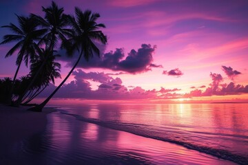 Fototapeta na wymiar Sunset on a Tropical Beach with Palm Trees