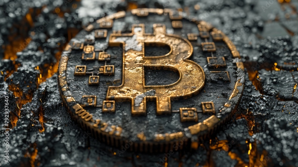 Poster cryptocurrency concept, a shape of bitcoin with associated icons