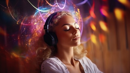 Healing Sounds and Sound Therapy. sound vibrations open, clear, and balance chakras and energy. Woman in headset in sound healing therapy and meditation.