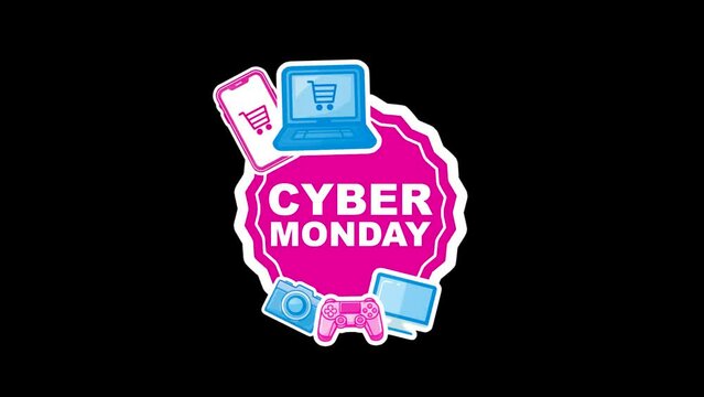 Cyber Monday Pink Promotional Badge with Laptop, Smartphone, and Gaming Controller. On A Transparent Background
