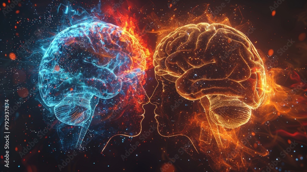 Poster The left and right brains in a futuristic style, showing the functions of each side