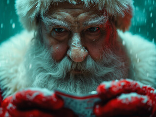 Weihnachtsmann Gesicht mit Schnee und scharfen Blick Nahaufnahne, ai generativ