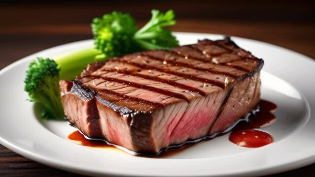 Delicious medium rare grilled barbecue beef steak with broccoli served on white plate. Steamed beef steak with blood served in luxury restaurant