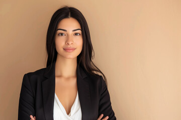 A woman in a black suit and white shirt is smiling for the camera