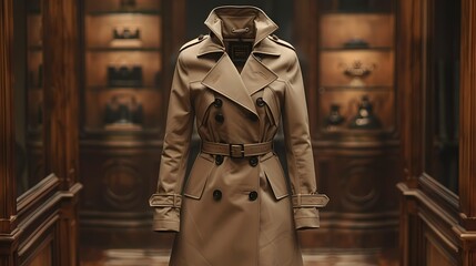 A beige trench coat with a detachable hood and a belted waist, providing a classic and versatile...