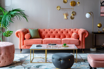 A luxurious living room decorated with a coral velvet sofa, a modern coffee table, a sleek pouf, gold decorative elements, a green plant for a touch of nature, a chic lamp, 