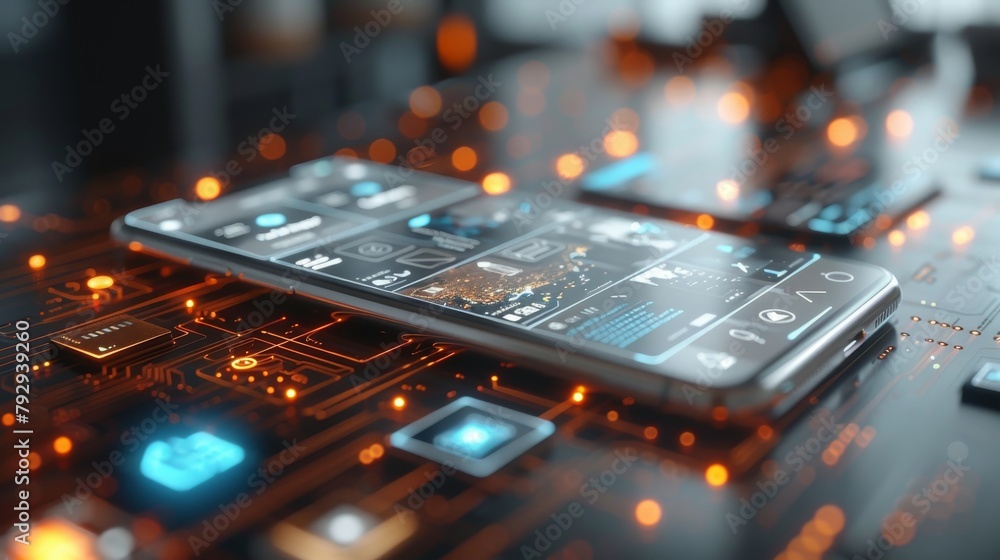 Poster Concept of UX UI design, graphic of device application with icons for digital technology