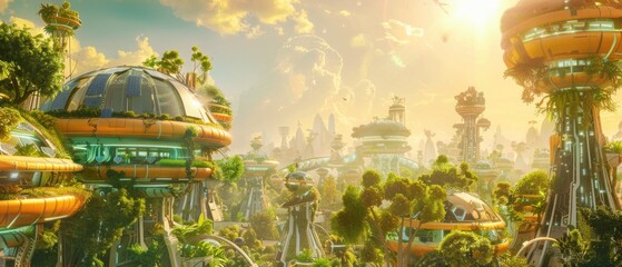 Panoramic view of a solarpunk metropolis with solar towers and biophilic designs, under a sunny sky,