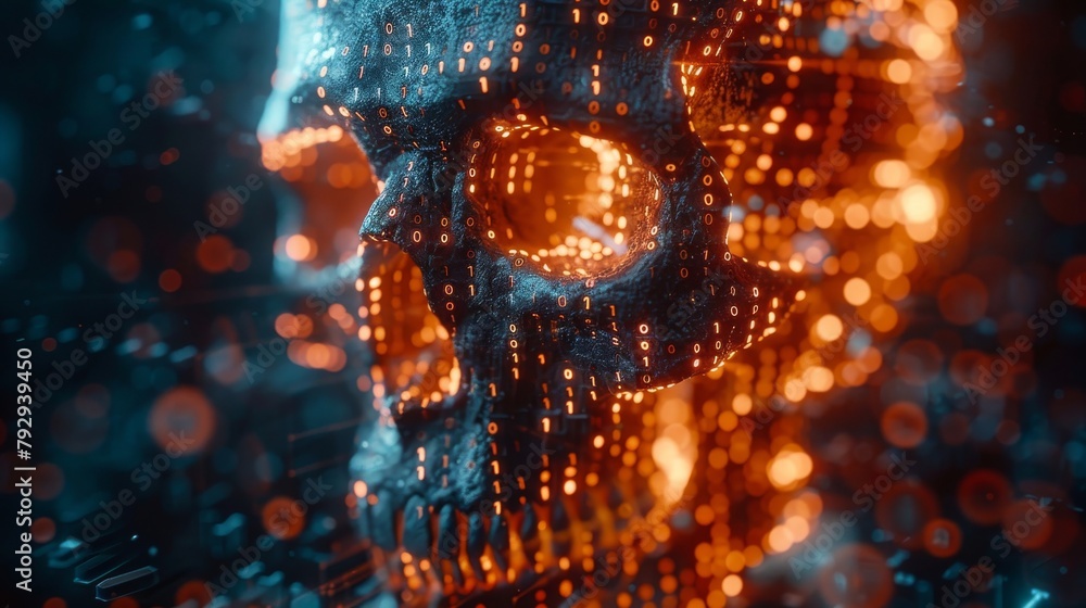 Poster An illustration representing cyber crime, internet piracy, and hacking, based on a skull shape combined with binary code.
