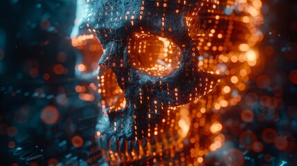 An illustration representing cyber crime, internet piracy, and hacking, based on a skull shape combined with binary code.