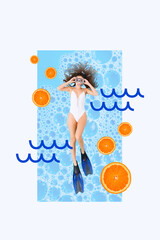 Vertical creative picture collage young attractive sexy girl swim underwater diver orange juicy...