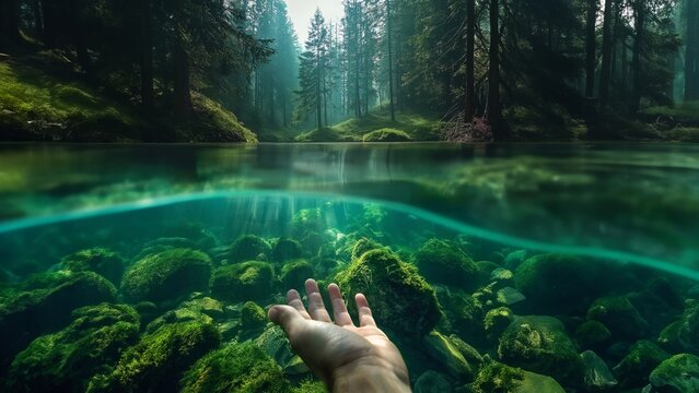 Einzigartige Waldlandschaft mit glasklaren Gewässer präsentiert von einer Hand als Naturschönheit, ai generativ