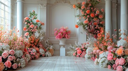 The wedding background and room for studio photos are filled with beautiful flower decorations