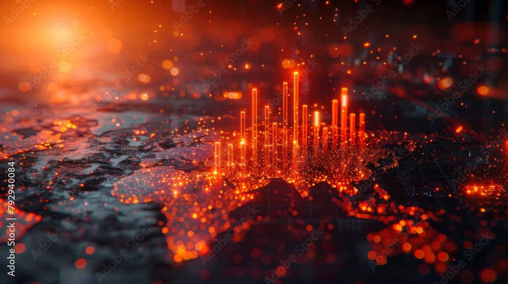 Poster the global map accompanied by a candlestick symbol represents a stock market exchange concept.