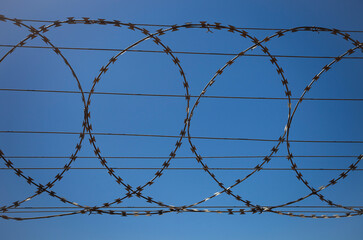 Barbed wire fence against clear blue sky.