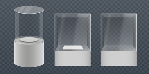 Empty Glass Showcase in Cube Form. Empty transparent glass cube. Cylinder glass showcase