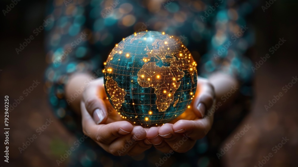 Poster futuristic hands hold a wireframe globe as a concept of global network or communication technology
