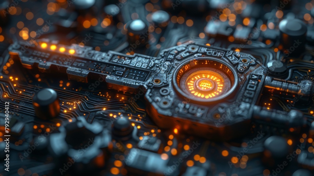 Leinwandbilder The concept of cyber security is presented as a futuristic key paired with binary and program code