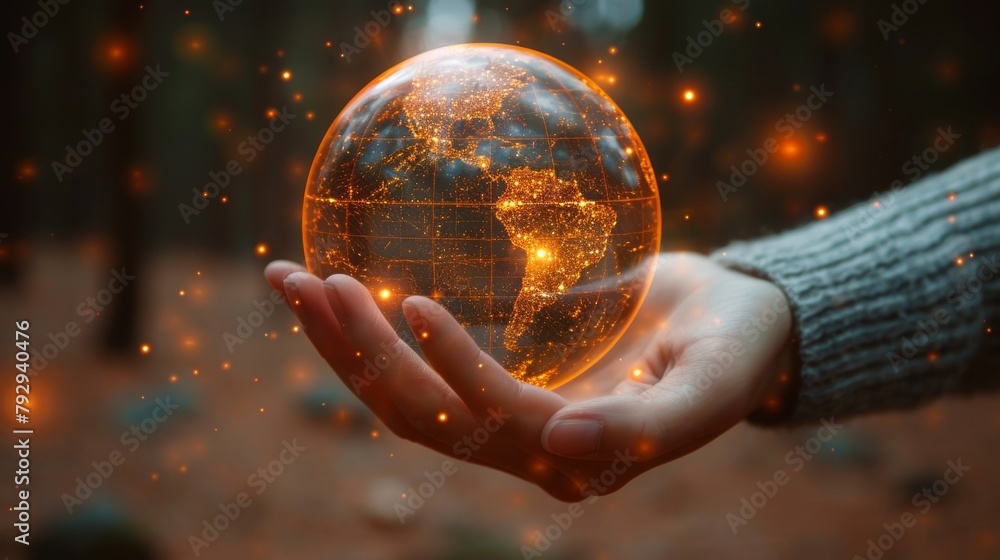 Fototapete future hand-held wireframe globe concept of global networking or communication