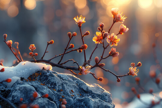 Close up of delicate pale pink and yellow plum blossoms on the top rock in winter, golden hour lighting, beautiful landscape. Created with Ai