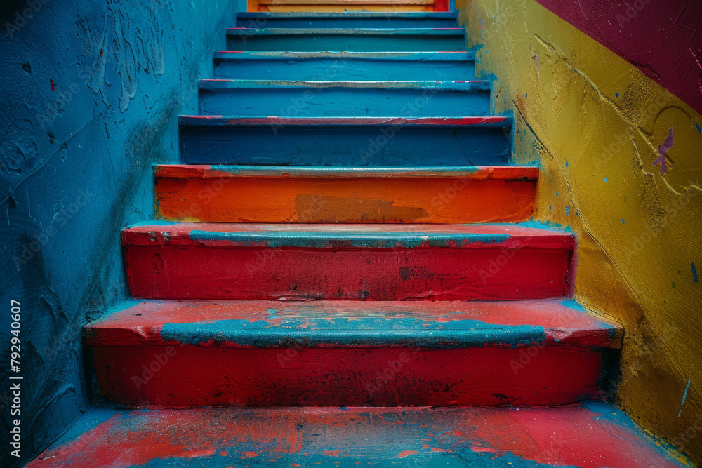 Aufkleber a photograph of a staircase in a public building where each step is painted a different shade, creat