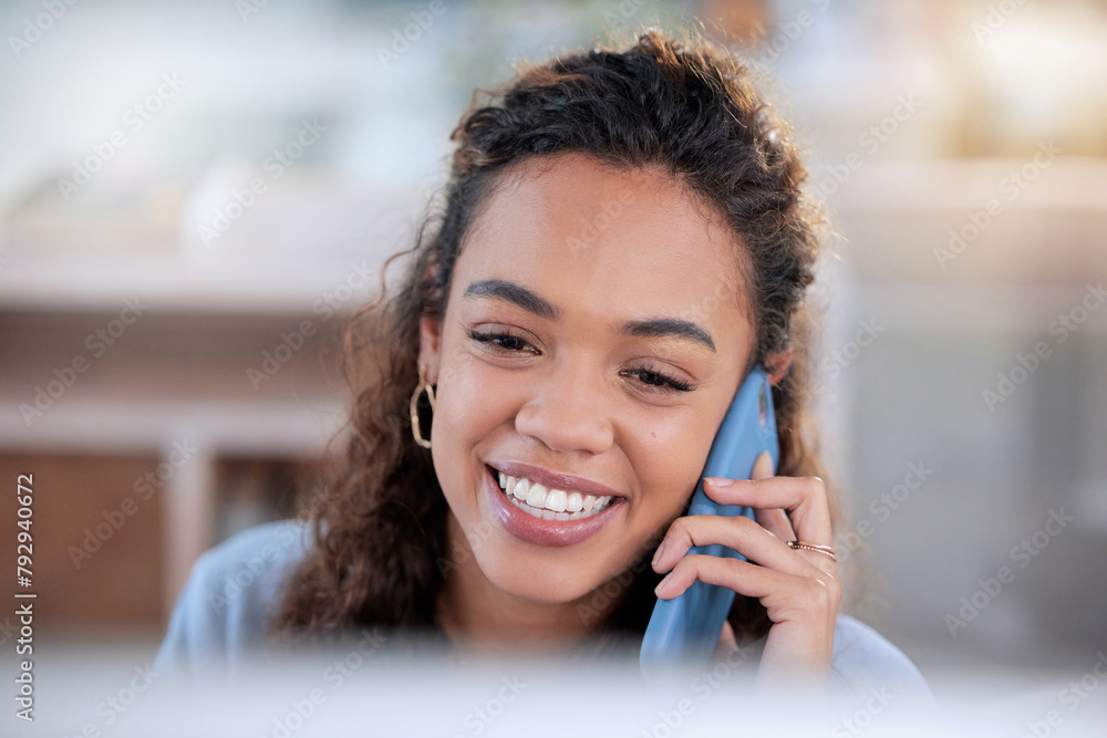 Poster black woman, phone call and typing on computer in office, smile and networking on app. female person