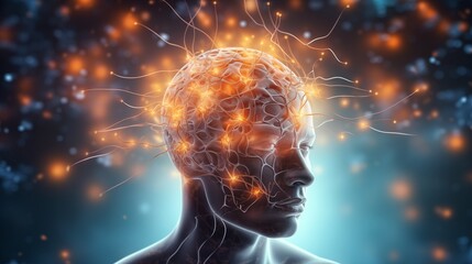 Human head with glowing neurons in brain. Esoteric and meditation concept. Connection with other worlds.
