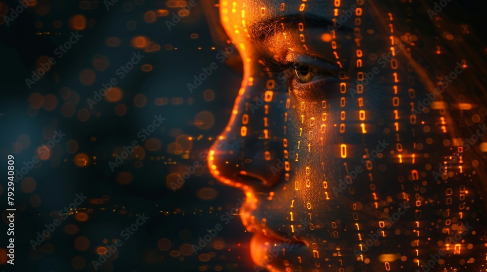 Aufkleber Binary code combined with a human face, an image of artificial intelligence or hackers