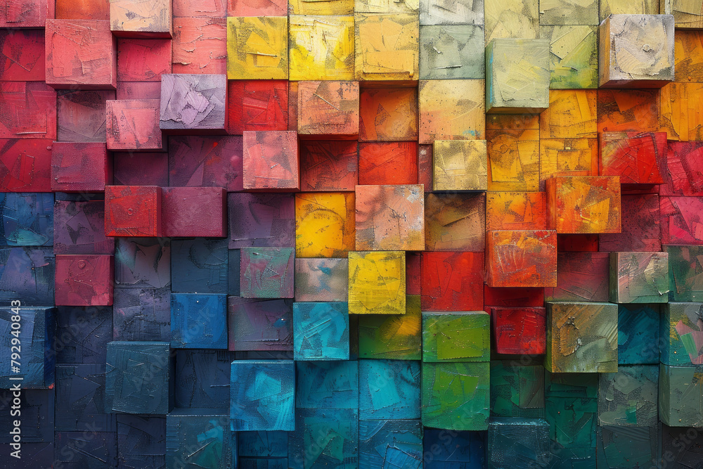 Poster an image of a large mural on an urban street wall featuring an array of overlapping squares and rect