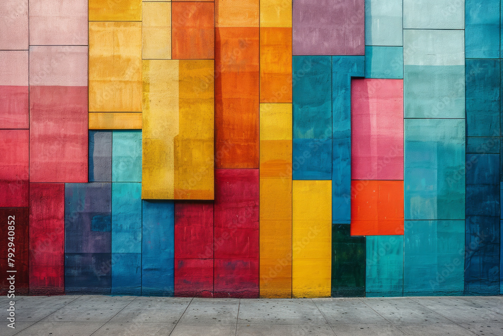 Poster an image of a large mural on an urban street wall featuring an array of overlapping squares and rect