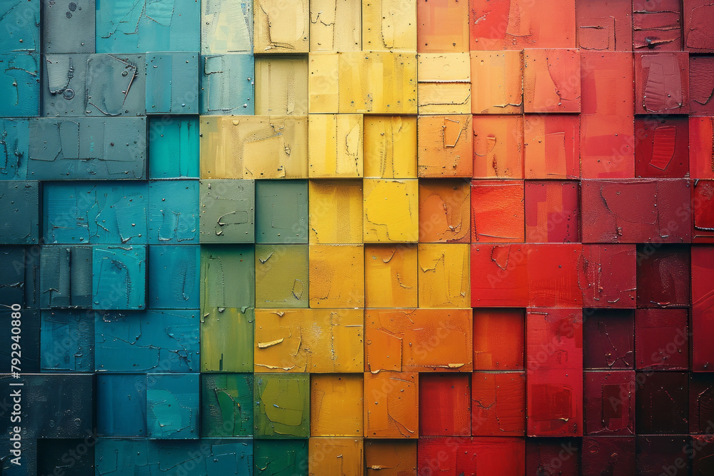 Poster an image of a large mural on an urban street wall featuring an array of overlapping squares and rect