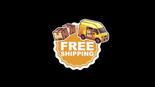 Yellow Free Shipping Badge with Delivery Van and Cardboard Boxes. On A Transparent Background