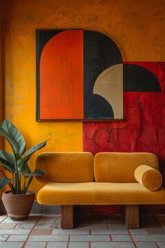 A photograph-style illustration of an interior design showcasing a living room wall painted with lar