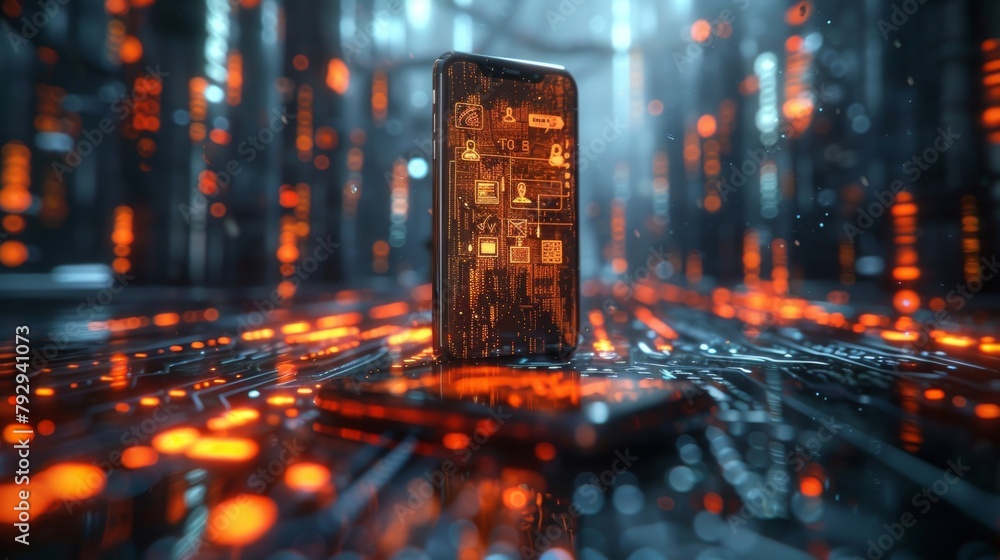 Poster qr code concept, realistic mobile phone with business icons