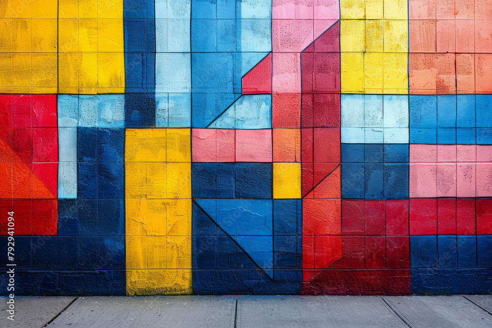 Aufkleber a photograph of a public art mural where the use of repeated geometric forms in bold colors transfor