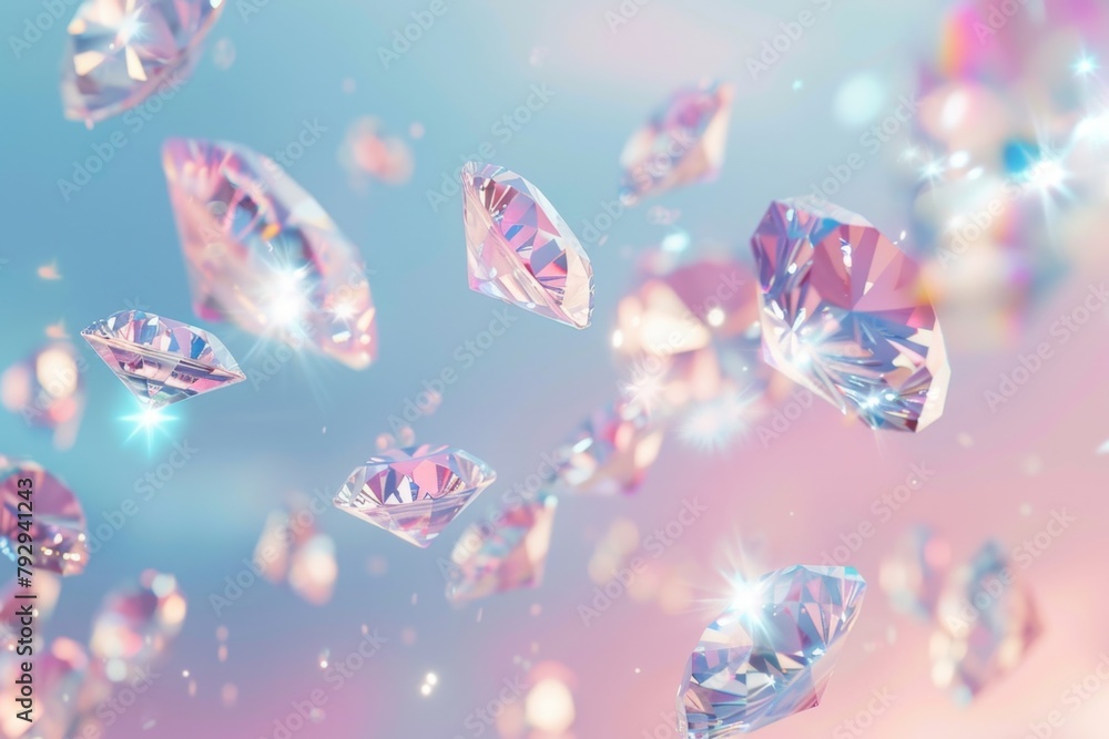 Poster a soft pastel background with sparkling diamonds floating in the air, creating an enchanting and dre