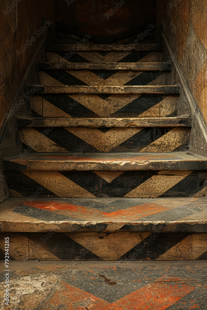 Aufkleber a photograph of a staircase with risers adorned in a repeated chevron pattern, which visually guides