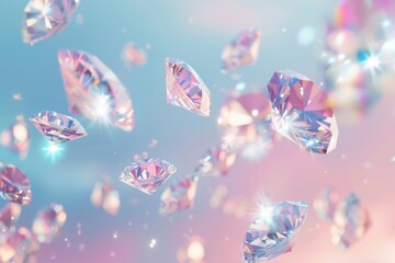 A soft pastel background with sparkling diamonds floating in the air, creating an enchanting and dreamy atmosphere for your product display presentation Generative AI