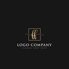 Initials signature letters FF linked inside minimalist luxurious square line box vector logo gold color designs for brand, identity, invitations, hotel, boutique, jewelry, photography or company signs