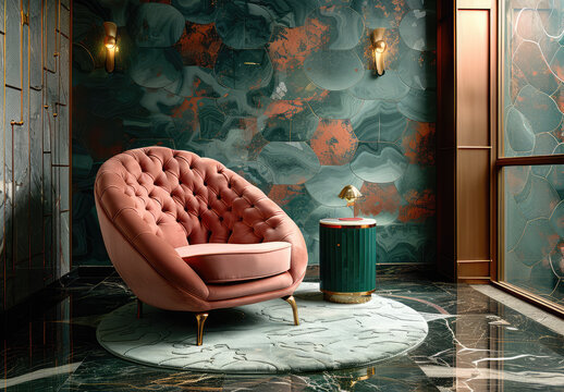 An velvet armchair in an art deco room with green wall paper and sea shell pattern, the walls have arches. Creared with Ai