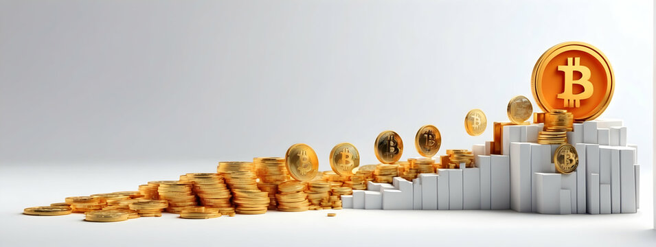 3D Icon: Fiscal Cliff Abstract with Bitcoin Symbols Teetering on Edge with Chart Photo Stock