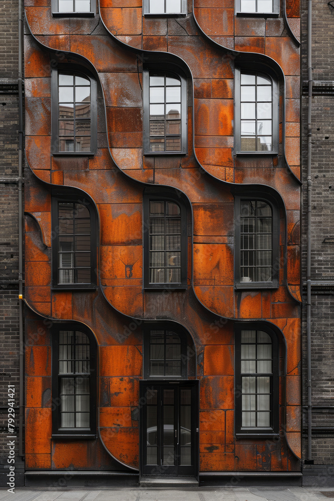 Poster a photograph showing the facade of a building where rectangular bricks are arranged in a staggered p