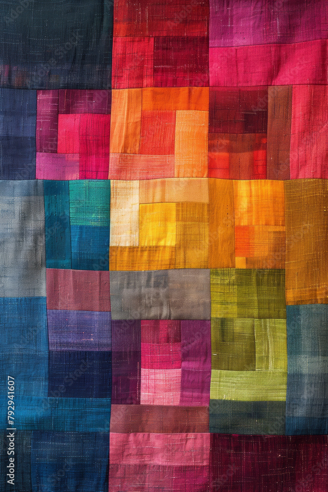 Poster an image depicting a textile design featuring a grid of colorful squares that subtly shift in hue to