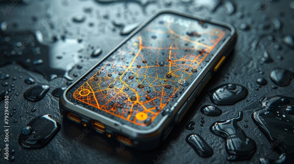Poster gps technology on a mobile phone, realistic cellphone with gps map displayed