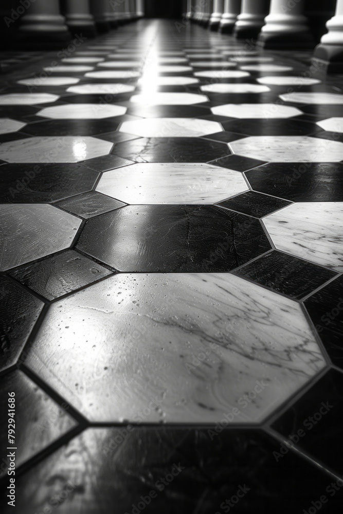 Aufkleber an image of a vast floor in a public space, covered in a complex tessellation of black and white hex
