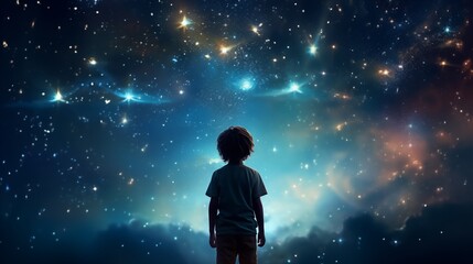 Fototapeta na wymiar illustration of a boy looking at night starry sky with glitter glow galaxy flicker above, idea for prayer of hope, love, peace theme.