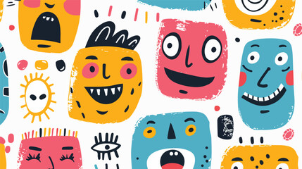 Round abstract comic Faces with Four emotions. Kids 