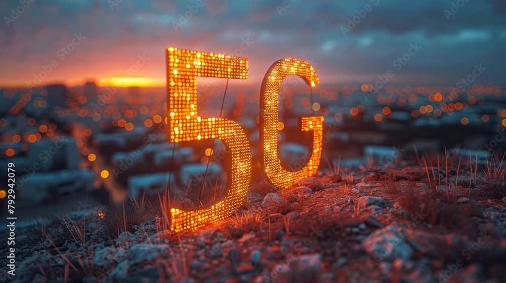 Fototapete combining binary code and telecommunication technology, a graphic of 5g and buildings