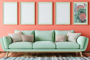 A playful Scandinavian living room with a mint green sofa set against a coral wall. Four blank empty mock-up poster frames in a light birch finish are neatly arranged above the sofa, 