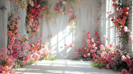 The wedding background and room for studio photos are filled with beautiful flower decorations